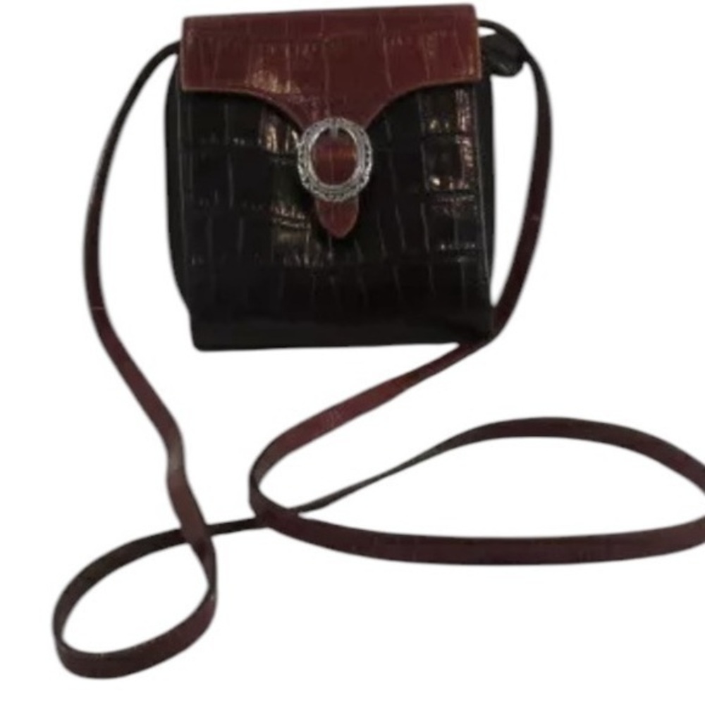 Brighton Croc Embossed Black w Brown Trim Leather Crossbody